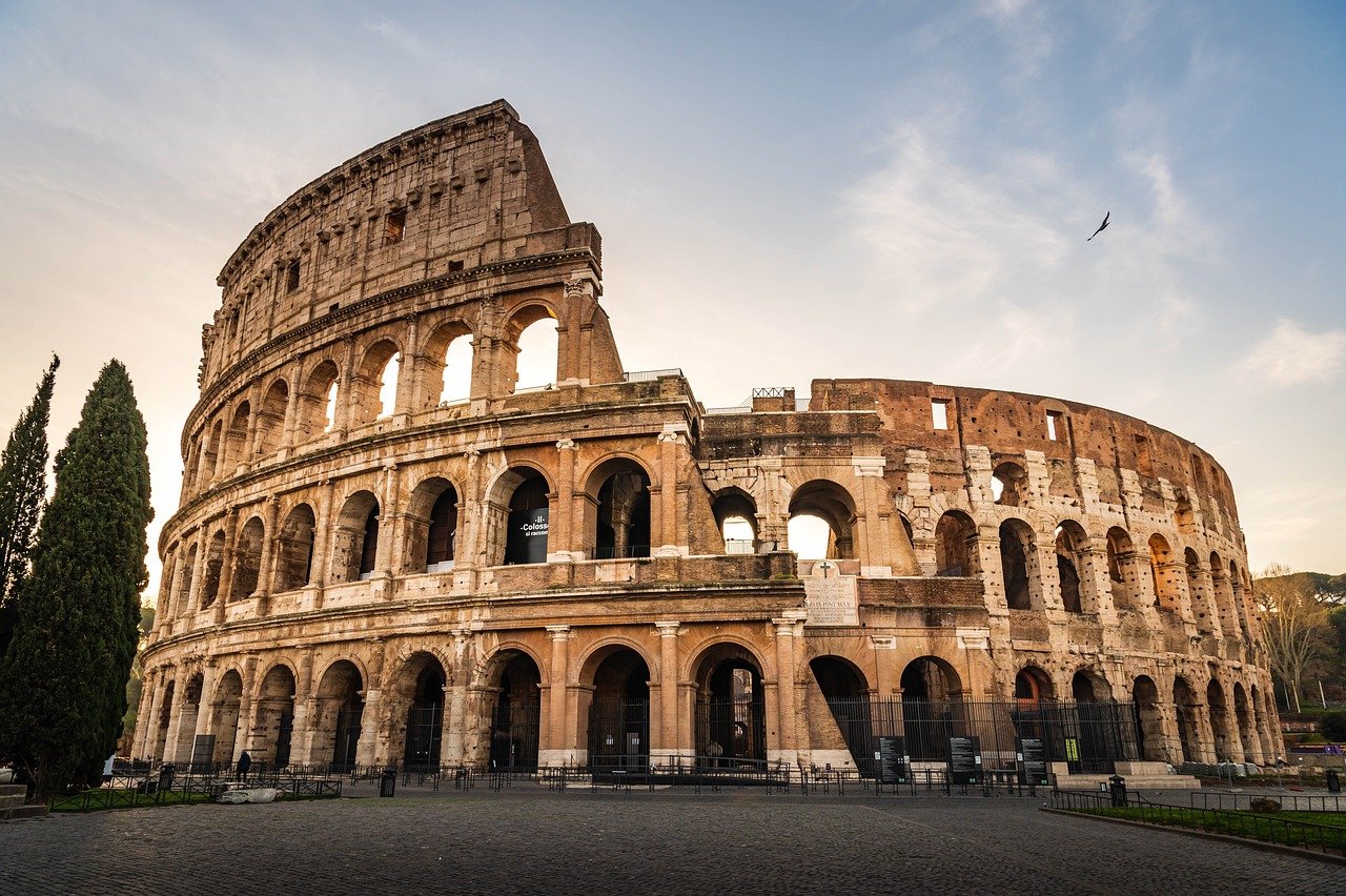 italy, rome, colosseum, sunset, ancient architecture, travel, roman arena, nature, tourists